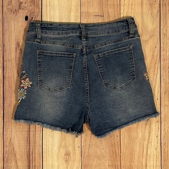 Cut Off Blue Jean Denim Shorts with Floral Embroidery and Distressed Hem - Picture 6 of 10